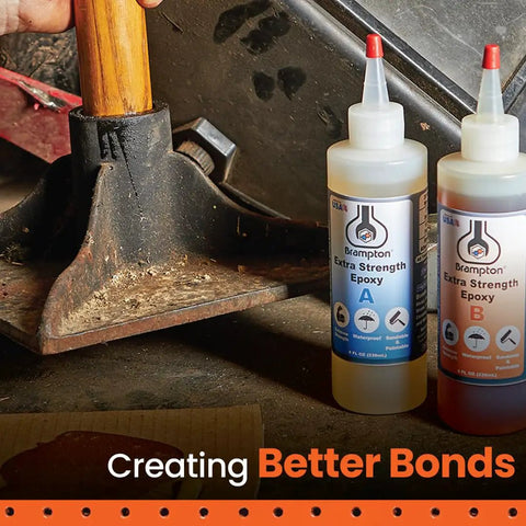 Extra Strength Epoxy Kit With 20-Minute Work Life, Waterproof 2-Part Resin bottles next to a metal tool