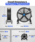 Hella Powerful 47 Inch Portable Industrial Fan With Stepless Variable Speed Motor dimensions showing height, width and length.