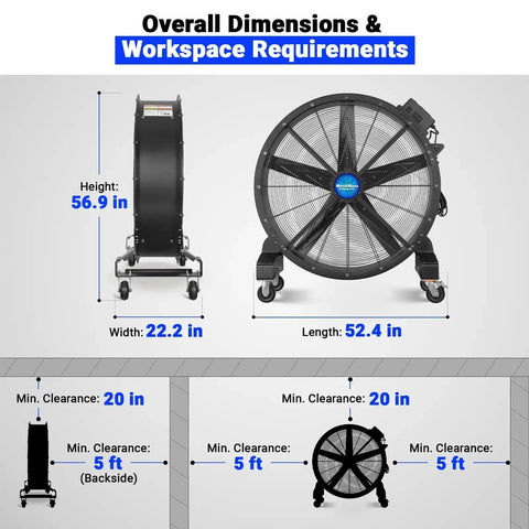 Hella Powerful 47 Inch Portable Industrial Fan With Stepless Variable Speed Motor dimensions showing height, width and length.