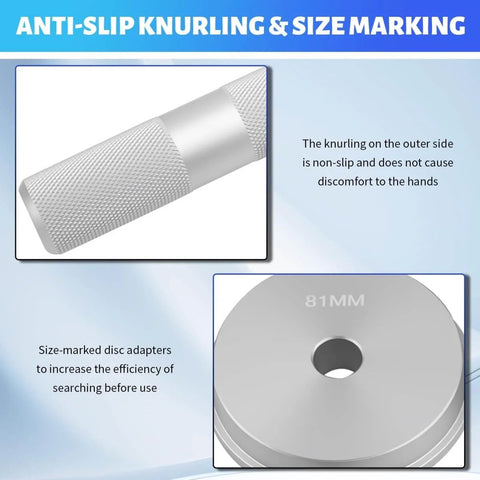 Close-up view of Car Bearing Press Kit With 9 Size Adapters And Seal Driver For Damage Free Wheel Bearing Installations Pro Grade Race And Seal Driver Set Anti Slip Knurling Handle Essential Seals Installer Kit showcasing anti-slip knurling handle and size-marked disc adapter.