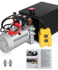 12V Dump Trailer Hydraulic Pump Kit With Eight Quart Power Unit Double Acting Electric Hydraulic Pump For Dump Trailers And Car Lifting Includes Two Extra SAE Six Connectors Built Tough With Rust And Corrosion Resistant Build shown with components