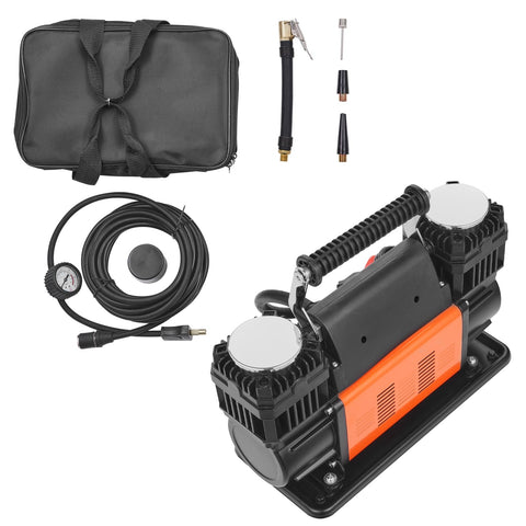 Beefed Up Dual Cylinder Tire Inflator With Heavy Duty Air Compressor 150 PSI 10.6 CFM, accessories, and carry case