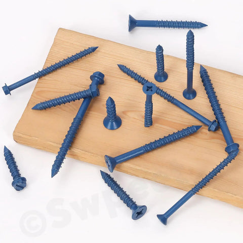 52 Piece Concrete Screw Anchor Kit With Drill Bit And Screwdriver Bit Swpeet Included, blue cement screws on wood surface.