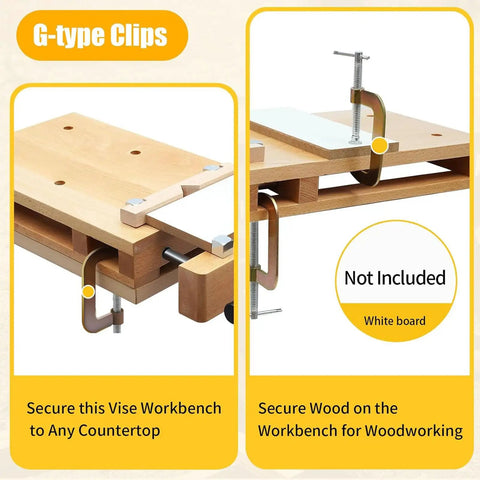 G-type clips on Heavy Duty Portable Woodworking Bench Vise With Adjustable Screw Handle For Hardwood Clamp On Workbench.
