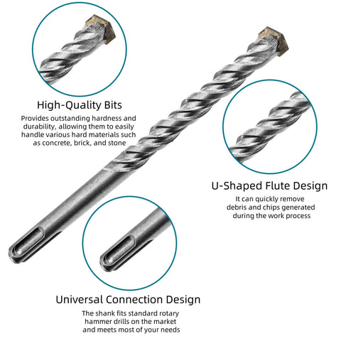 Carbide-tipped rotary hammer drill bits, two shown with spiral flutes and universal shank (front view)