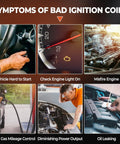 Symptoms of bad ignition coils infographic with images showing hard start, check engine light, misfire, poor mileage, power loss, oil leak.