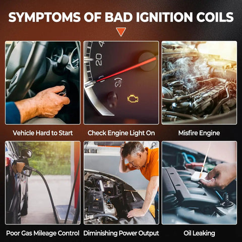 Symptoms of bad ignition coils infographic with images showing hard start, check engine light, misfire, poor mileage, power loss, oil leak.