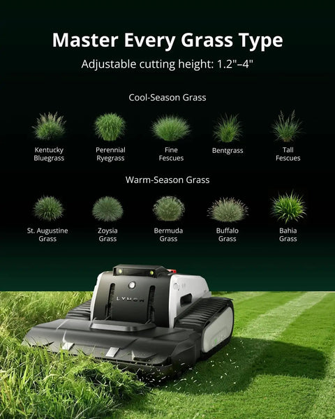 One Plus Robotic Lawn Mower With Wire Free RTK And Vision Navigation cutting grass with adjusted height options for different types.