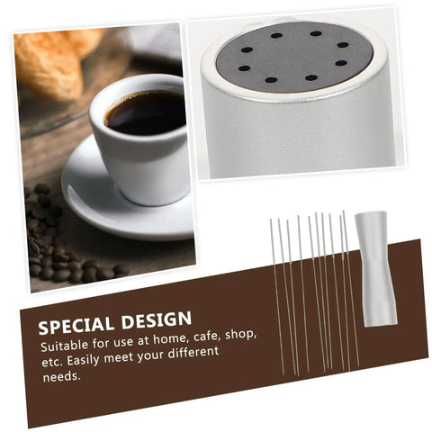 Stainless Steel Coffee Stirrer Tool Replacement Needle For Espresso Maker displayed with coffee cup and whisk holder