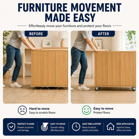Before and after using mini fixed caster wheels set for small furniture and appliances low profile non swivel rubber casters view