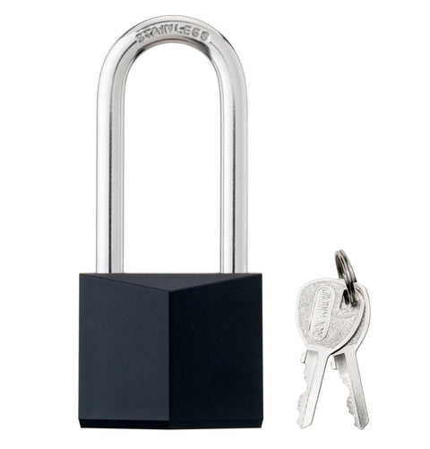 Outdoor Rustproof Covered Brass Padlock With Stainless Steel Long Shackle Keyed Lock For Gate Fence Hasp Cabinet Toolbox Gym Or School Locker Sturdy Brass Body And 304 Stainless Shackle For Superior Weather Resistance next to two keys