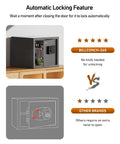 Smart Gun Safe For Multiple Pistols With Automatic Lock LCD Display And Voice Guide Quick Access Fingerprint Keypad Key Or App Unlock Biometric Handgun Safe For Stash Worthy Money And Valuables placed on shelf with open door showing interior.