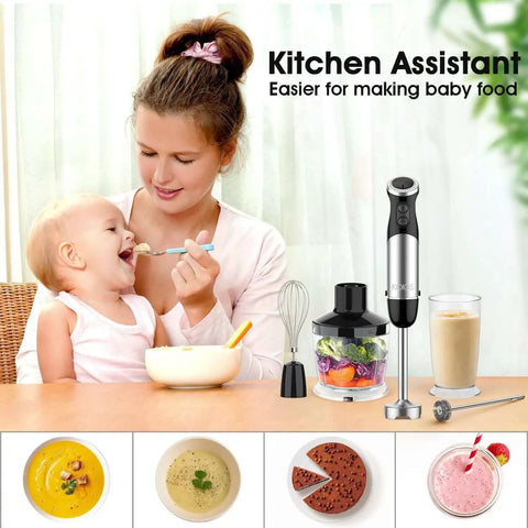 Game Changing 1000 Watt Immersion Blender Featuring 12 Speed Settings And Premium Stainless Steel Blades with a mom feeding baby.
