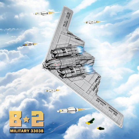 Fighter Jet Building Set 33038 B2 Stealth Bomber Model Kit in flight, showcasing detailed design against a cloudy sky background.