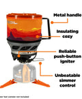 MiniMo Camping And Backpacking Stove Cooking System With FluxRing Technology, featuring insulating cozy and metal handle