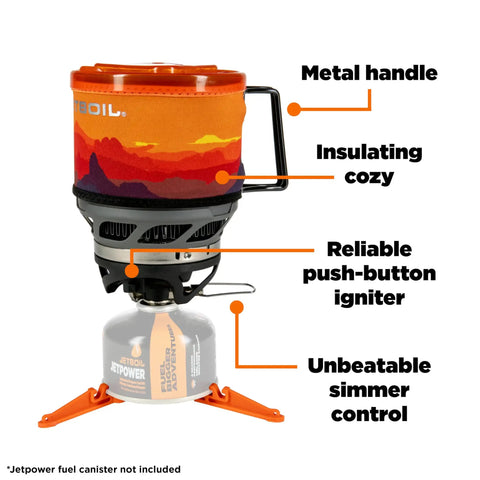 MiniMo Camping And Backpacking Stove Cooking System With FluxRing Technology, featuring insulating cozy and metal handle