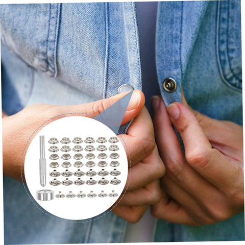 Badass Button Snap Tool Kit For Leather Jeans And Canvas With Sturdy Grommet Fastener Heavy Duty Metal Snaps displayed with denim.