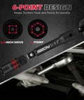 Eight Piece Three Eighths Inch Drive Spark Plug Socket Set With Magnetic Rail SAE And Metric Sizes detail view with tools