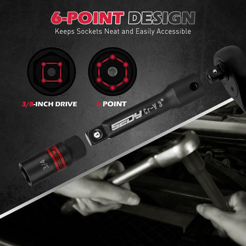 Eight Piece Three Eighths Inch Drive Spark Plug Socket Set With Magnetic Rail SAE And Metric Sizes detail view with tools