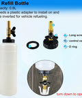 Oil refill bottle with 0.8L capacity, featuring long screw, control valve, and O ring. Refill bottle included in 1L Pneumatic Brake Fluid Bleeder Kit With Vacuum Extractor And 90 To 120 PSI Master Cylinder Adapters For Motorcycle And Car Fluid Change Hands Free Operation Self Locking Trigger Refill Bottle Included.