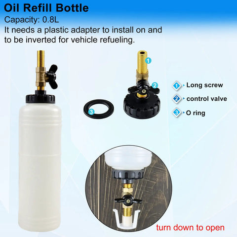 Oil refill bottle with 0.8L capacity, featuring long screw, control valve, and O ring. Refill bottle included in 1L Pneumatic Brake Fluid Bleeder Kit With Vacuum Extractor And 90 To 120 PSI Master Cylinder Adapters For Motorcycle And Car Fluid Change Hands Free Operation Self Locking Trigger Refill Bottle Included.