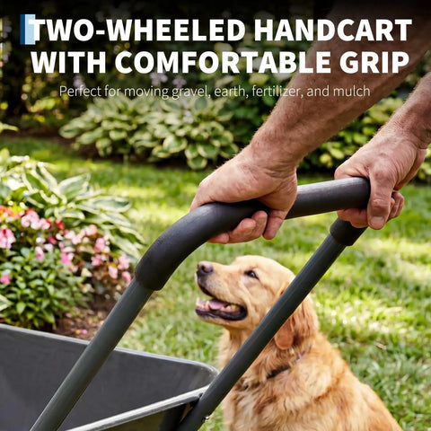 Heavy Duty Garden Wheelbarrow Cart With Dual Wheels And Built In Stand handle close-up with dog in garden setting