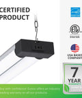 Side view of Sixteen Pack 4 Ft LED Shop Light For Garage And Workshop, Linkable Frosted Fixture, ETL listed, hanging installation shown.