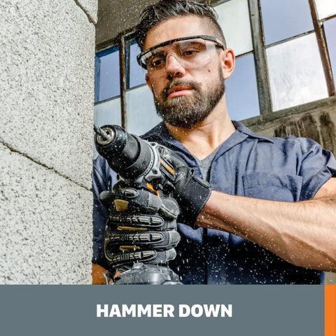 Man using Power Share 20V Cordless Hammer Drill With Brushless Motor And Half Inch Chuck Beastly Build For Tough Jobs.