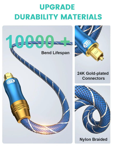 Real Deal Digital Optical Audio Cable With Toslink SPDIF Fiber Core Male To Male Ends For Soundbars Home Theaters And Gaming Stations with gold connectors.