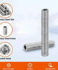 Internal Hex Socket Set Screws M3 X 6mm 304 Stainless Steel Flat Point Grub Screws 100 Pack For Auto Repair Machinery And General Hardware Projects For DIY Enthusiasts Corrosion Resistant shown with close-up on details and features.