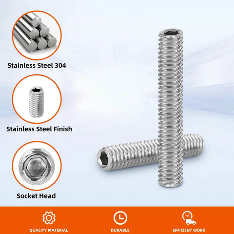 Internal Hex Socket Set Screws M3 X 6mm 304 Stainless Steel Flat Point Grub Screws 100 Pack For Auto Repair Machinery And General Hardware Projects For DIY Enthusiasts Corrosion Resistant shown with close-up on details and features.