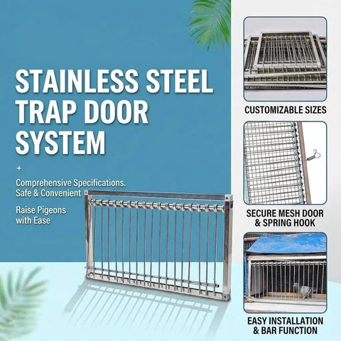 Stainless Steel Pigeon Trap With One Way Entry Gate And Lockable Mesh Door system next to product features description