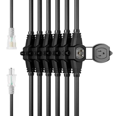 Heavy Duty 25Ft Power Extension Cord With 7 Evenly Spaced Outlets, 16 Gauge SJTW Cable From Male NEMA 5 15P To Female Connector