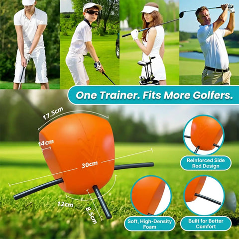 Golf Swing Connector Trainer For Posture And Arm Alignment, Easy Training Aid shown with measurements and golfers in action.