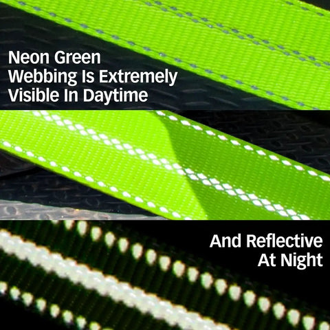 Close-up of neon green webbing from Eight Point Vehicle Tie Down Kit With Snap Hook Ends showing high viz daytime and night reflectivity.