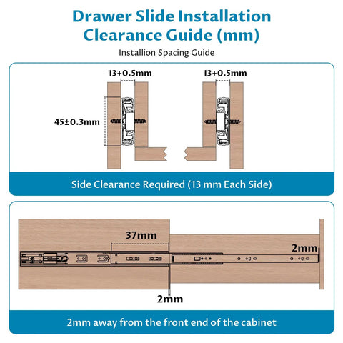 Drawer Slide Installation Clearance Guide with spacing details for 18 Inch Soft Close Drawer Slides Featuring Adjustable Tension.