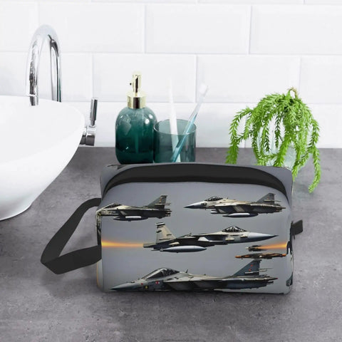 Fighter Jets Print Toiletry Bag For Men Travel Organizer Dopp Kit Shaving Case on bathroom counter, water resistant
