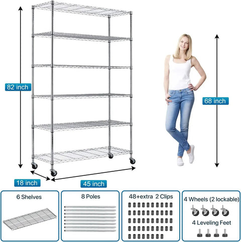 Heavy Hitter Six Tier Garage Shelving Rack With Locking Casters 6000 Lbs Capacity No Sweat Steel Wire Shelf Adjustable Height Chrome Storage Tower For Garage Or Workshop Organization