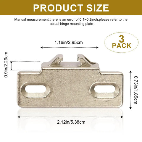 Pro Grade Three Pack Cabinet Hinge Mounting Plates Built For 1 5/8 Inch Overlay Doors, showing dimensions and details.