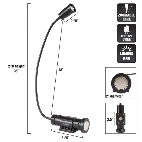 CREE LED Work Light With Magnetic Base And Flexible Gooseneck, 550 Lumens, Portable Cordless LED Lamp dimensions and features