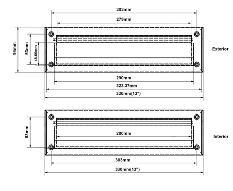 Technical drawing of Solid Brass Mail Slot With Interior Frame, Heavy Gauge Wrought Brass Construction, Polished Brass Finish, Size 13 Inches By 3.625 Inches, Indoor Opening 11 Inches By Two And A Quarter Inches, Includes Mounting Screws, Made In Taiwan.