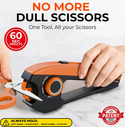 4 Angle Scissors Sharpener For Kitchen, Fabric, Hair And Craft Quick Safe Sharpening With Enclosed Slot Guide Dial Each Designed Angle Delivers Sharp Edges For All Purpose And Heavy Duty Scissors Right Hand Use, shown on a countertop.