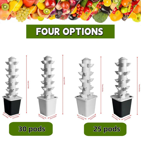 Comparison of four hydroponic vertical garden systems, two 30-pod and two 25-pod models, featuring black and white colors.