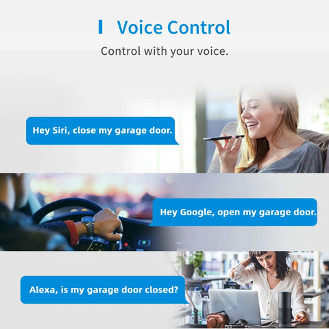 Woman controlling garage with Smart Garage Door Opener Remote for HomeKit Alexa Google Assistant and SmartThings No Hub Needed