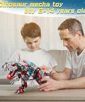 Father and son assembling 2 In 1 Dinosaur Mech Building Kit With 422 Pieces, Transform From Fierce Dino To Jet, on a table.