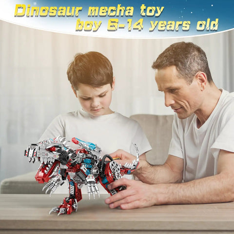 Father and son assembling 2 In 1 Dinosaur Mech Building Kit With 422 Pieces, Transform From Fierce Dino To Jet, on a table.