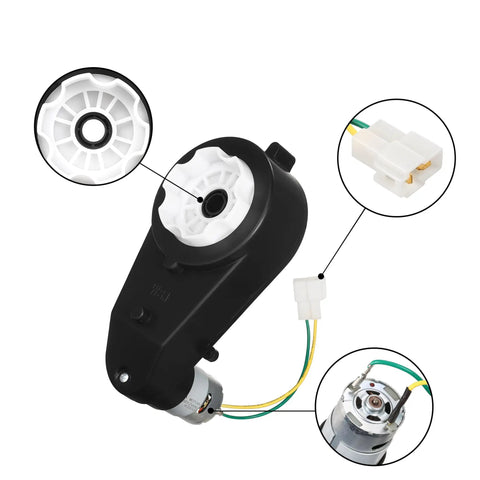 24V Ride On Car Gearbox Motor Replacement RS555 Drive Motor with Quick Connect Wires and plastic housing detail view