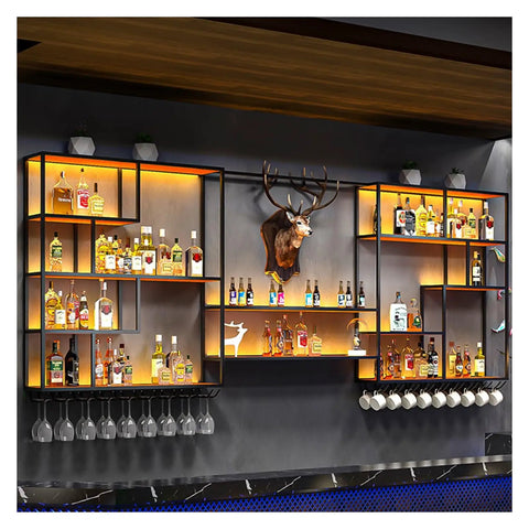 Rustic Industrial Led Wall Mounted Metal Wine Bar Dope Three Tier Bottle Storage Rack For Kitchen And Living Room Decor with illuminated bottle display.