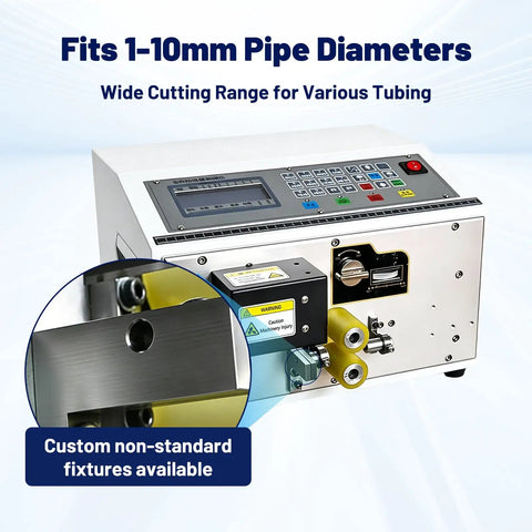 Close-up of Sciolix Automatic Heat Shrink Tube Cutter Machine With Digital Length Setting, fits 1-10mm pipe diameters.