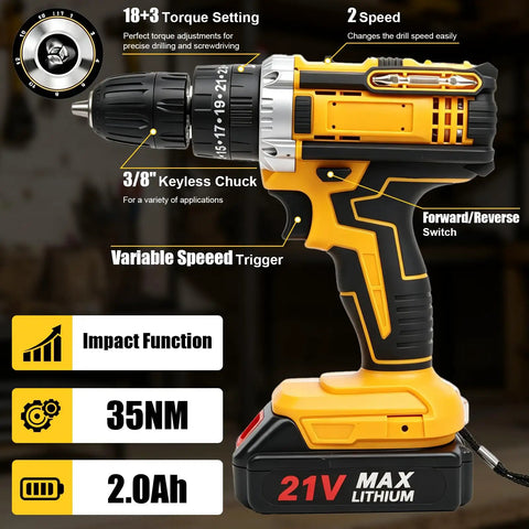 Rugged 21V Cordless Drill Kit Featuring Rechargeable Batteries And Quick Release Keyless Chuck, showcasing key features and design.
